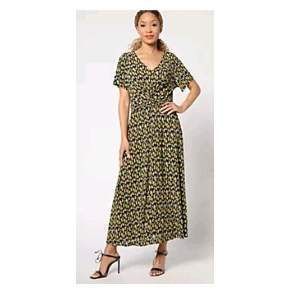 Isaac Mizrahi Live! Crinkle Short Slv Maxi Dress Black Floral Petite Large Flowy
